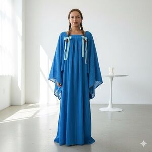 Vintage 1970s cobalt blue cotton kaftan maxi dress with angel sleeves - One Size
